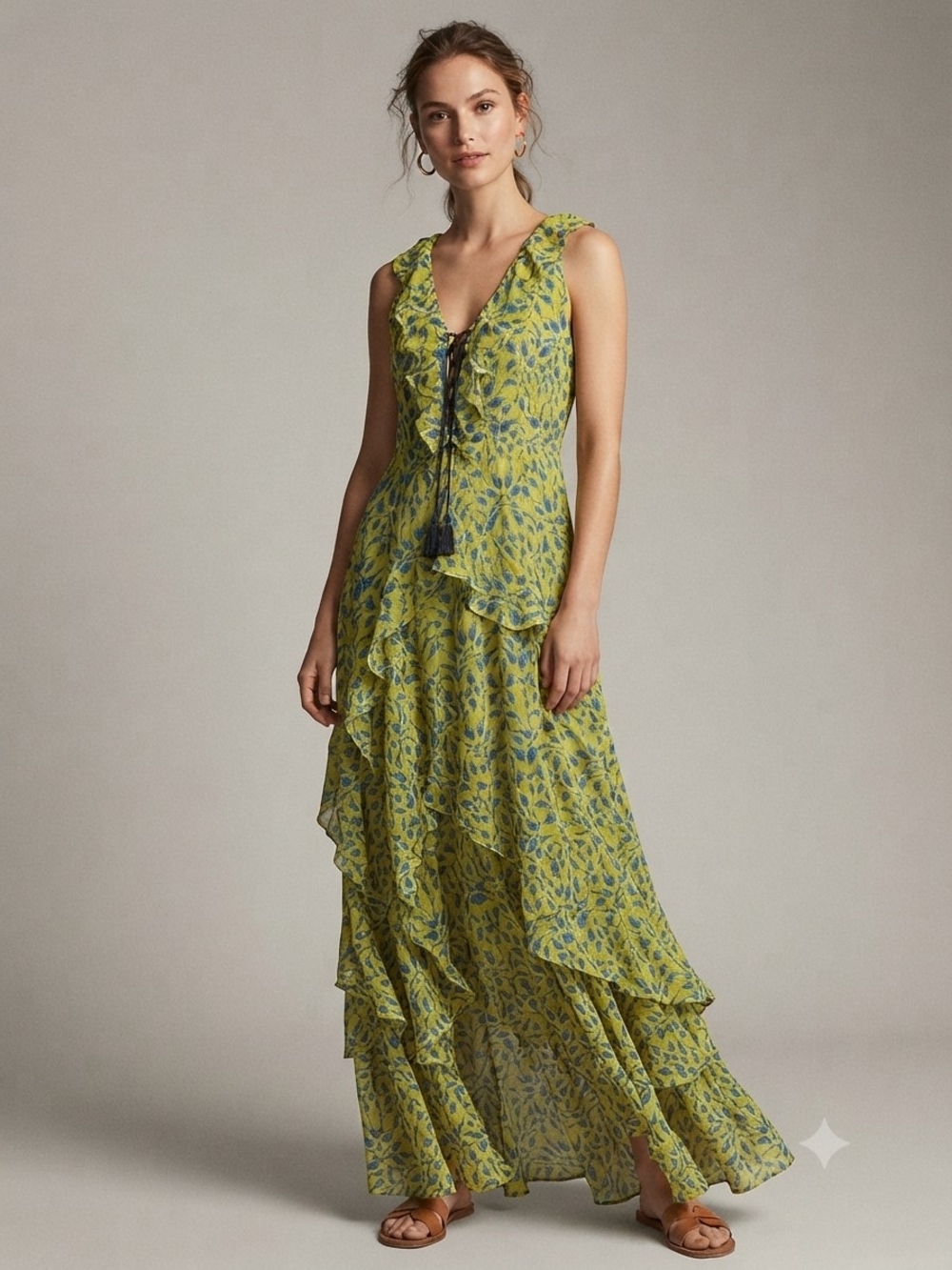 Tanya Taylor Yellow-Green Floral Ruffle Maxi Dress